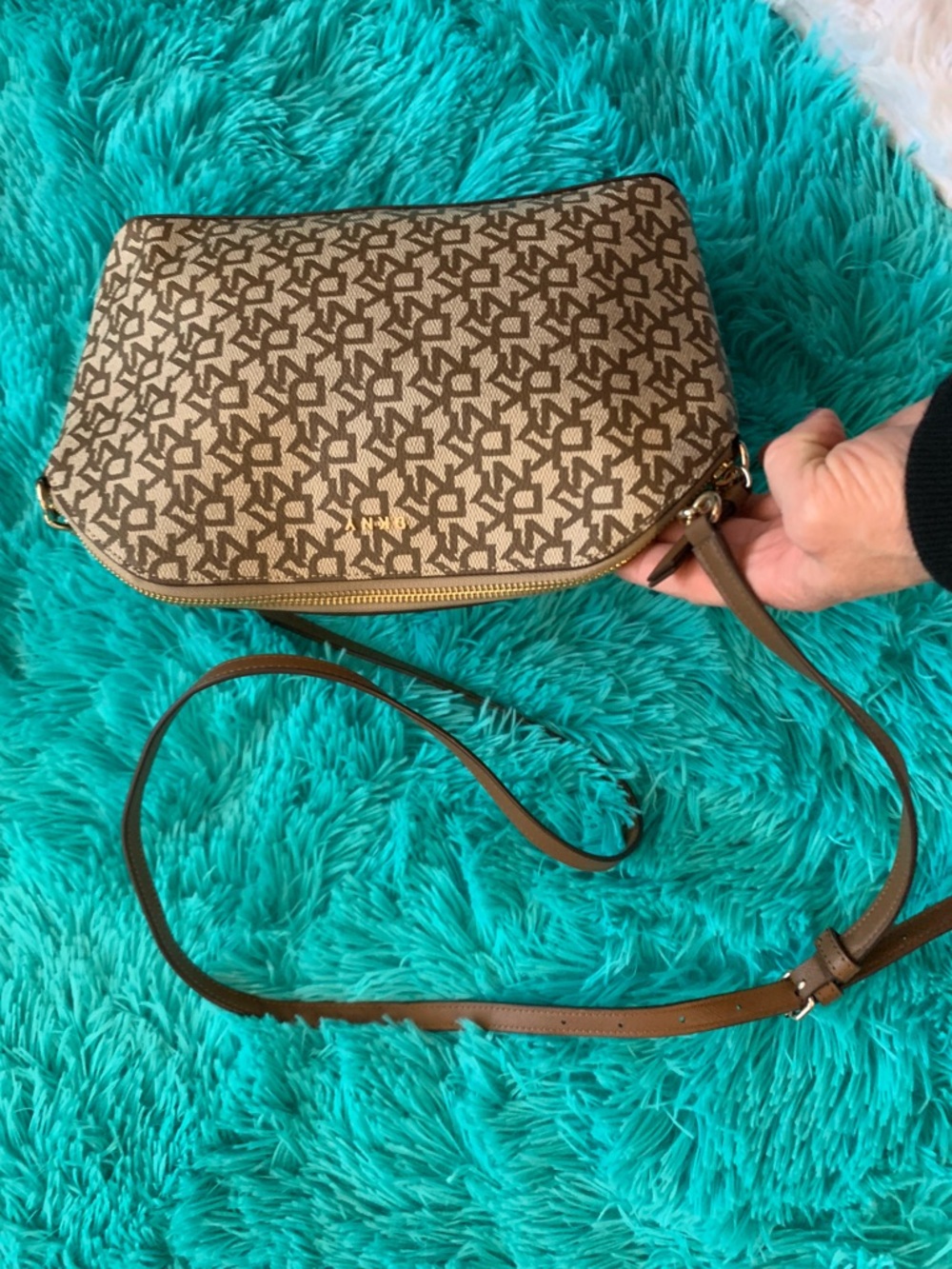 DKNY Beige & Brown Signature Monogram Crossbody Bag